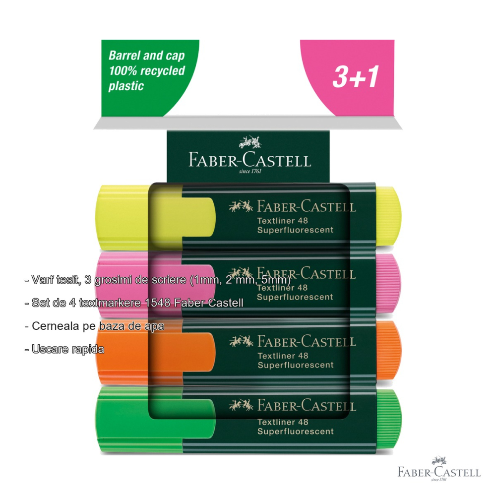 Set 4 textmarkere Faber-Castell 1548, varf tesit, cerneala pe baza de apa, pentru birou si scoala [2]