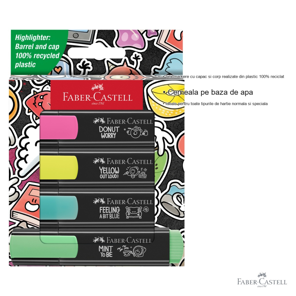 Set 4 textmarkere Faber-Castell Graffiti, varf tesit 1-5 mm, culori fluorescente, plastic reciclat [3]
