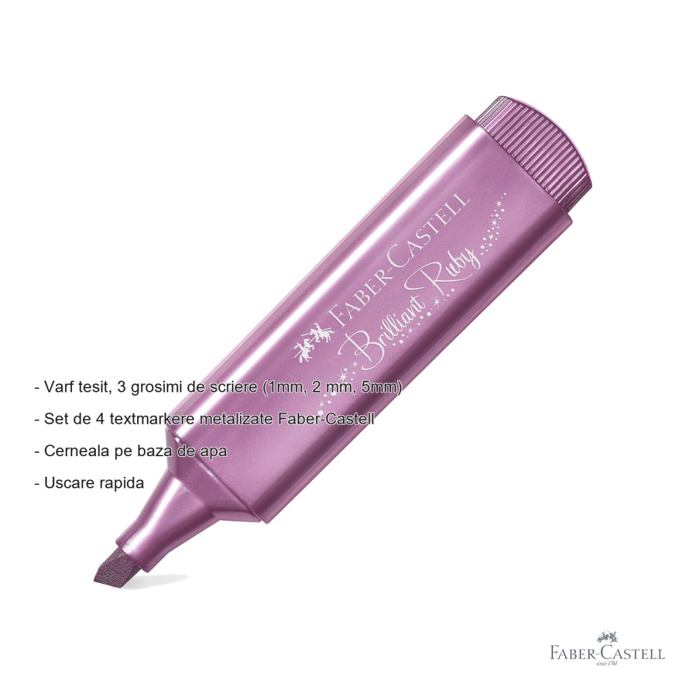 Set 4 textmarkere metalizate Faber-Castell, varf tesit, cerneala pe baza de apa, pentru birou si scoala [2]