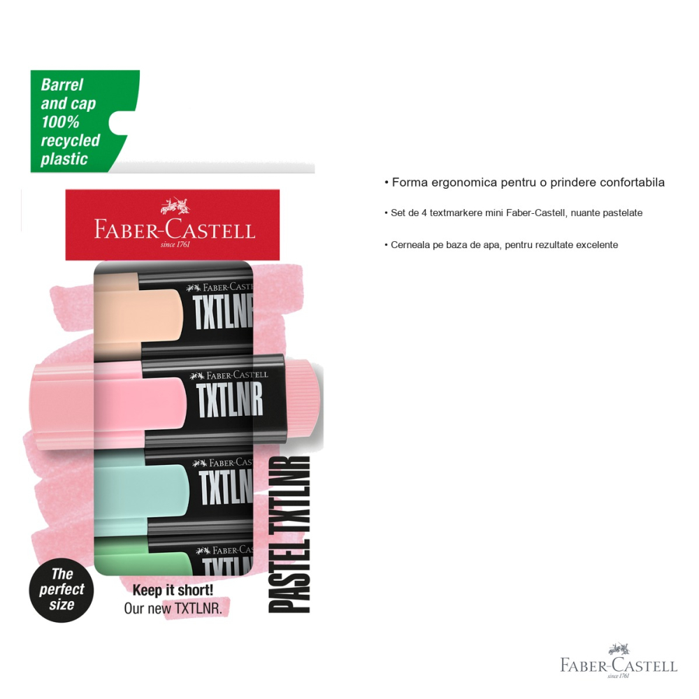 Set 4 textmarkere mini Faber-Castell, nuante pastelate, varf tesit, pentru subliniere si evidentiere [3]