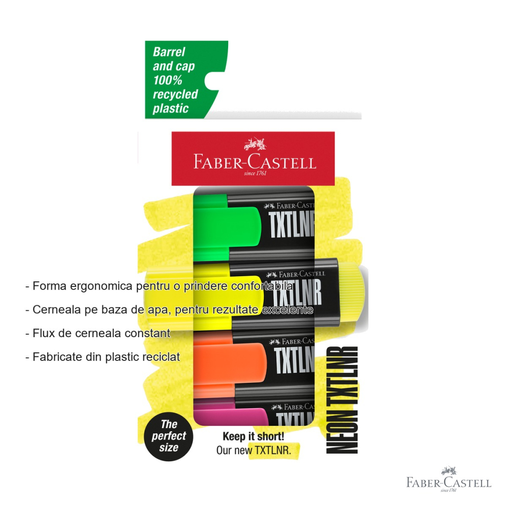 Set 4 textmarkere mini superfluorescente Faber-Castell, varf tesit, pentru evidentiere text [2]