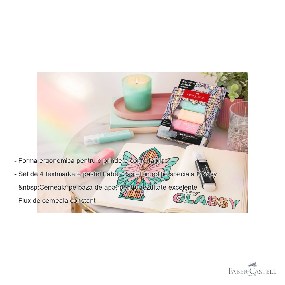 Set 4 textmarkere pastel Faber-Castell editie speciala Glassy, varf tesit, cerneala pe baza de apa [2]
