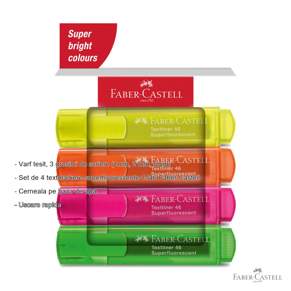 Set 4 textmarkere superfluorescente Faber-Castell 1546, varf tesit, 3 grosimi de scriere, cerneala pe baza de apa [2]