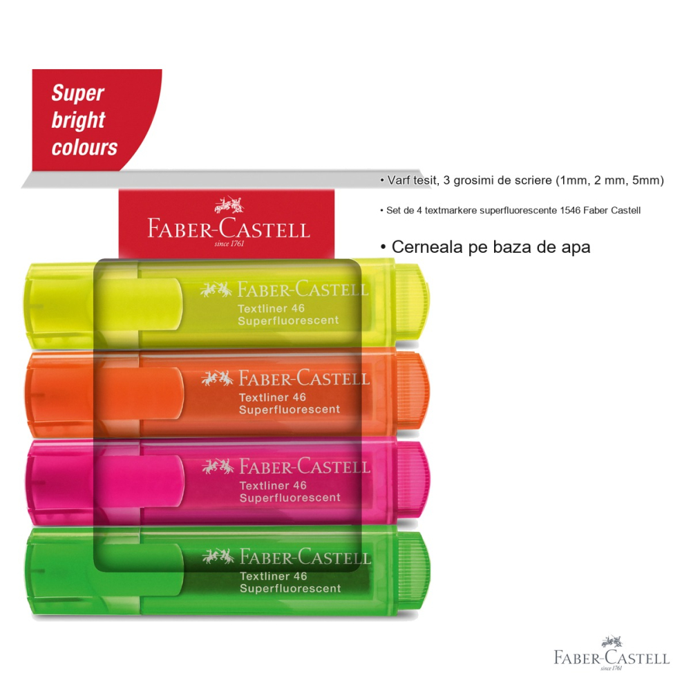 Set 4 textmarkere superfluorescente Faber-Castell 1546, varf tesit, 3 grosimi de scriere, cerneala pe baza de apa [3]
