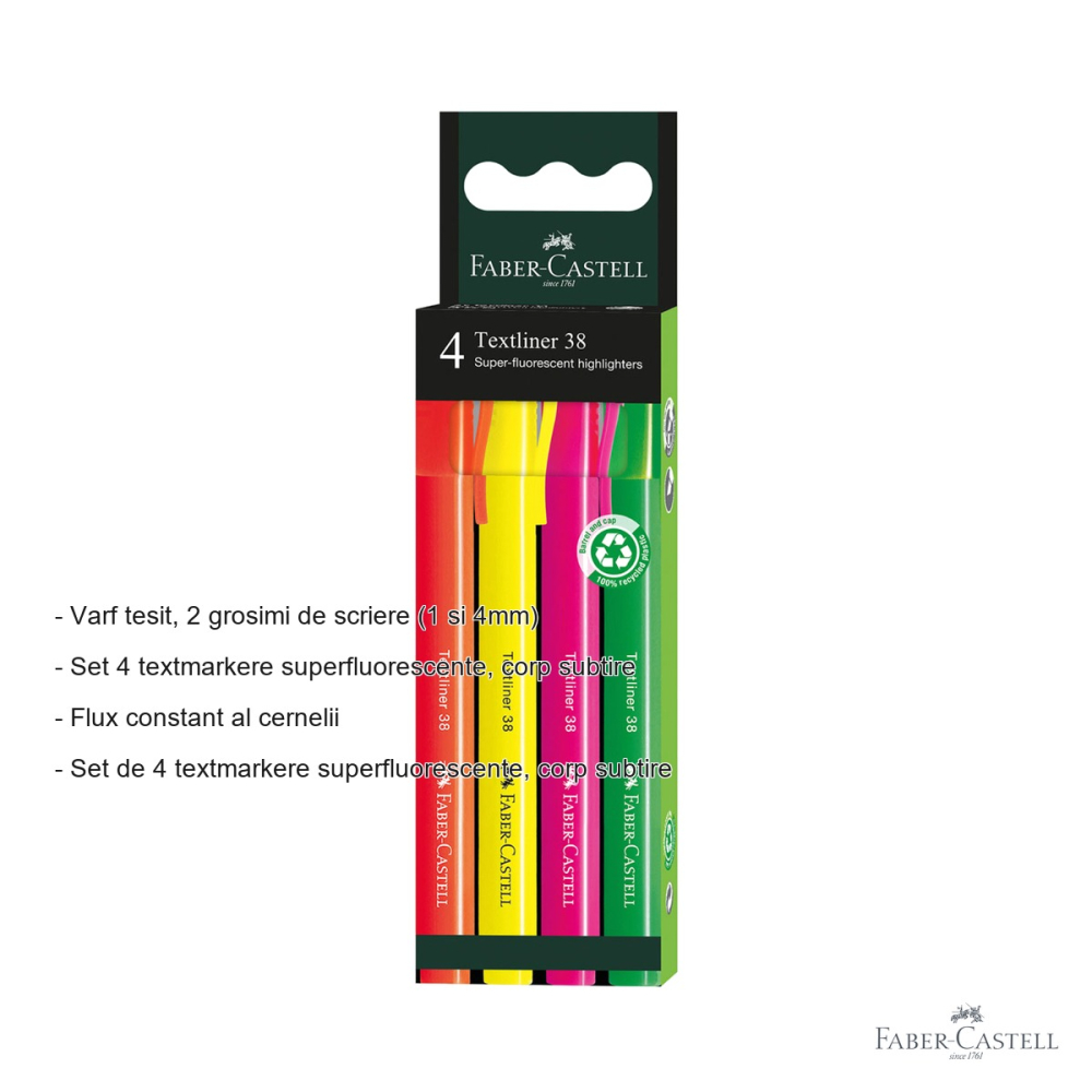 Set 4 textmarkere superfluorescente Faber-Castell 38, varf tesit, 2 grosimi de scriere, pentru birou si studiu [2]