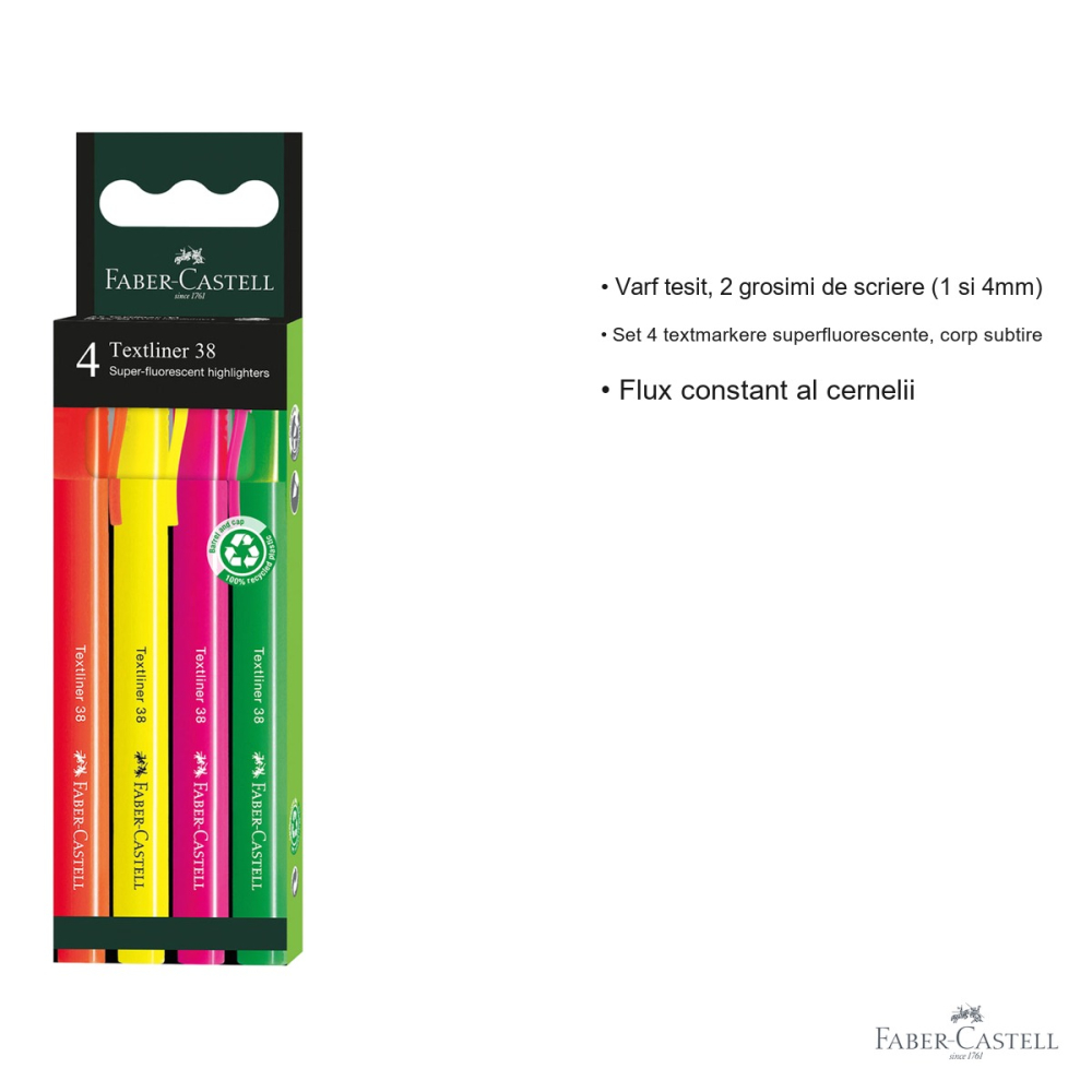 Set 4 textmarkere superfluorescente Faber-Castell 38, varf tesit, 2 grosimi de scriere, pentru birou si studiu [3]