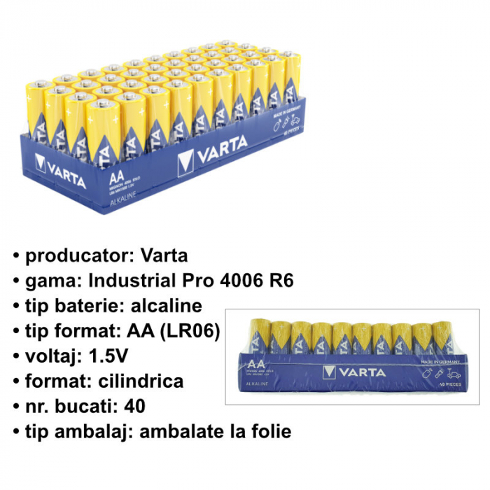 Set 40 baterii alcaline LR06, Varta Industrial Pro 35656, AA, 1.5V, in folie [4]