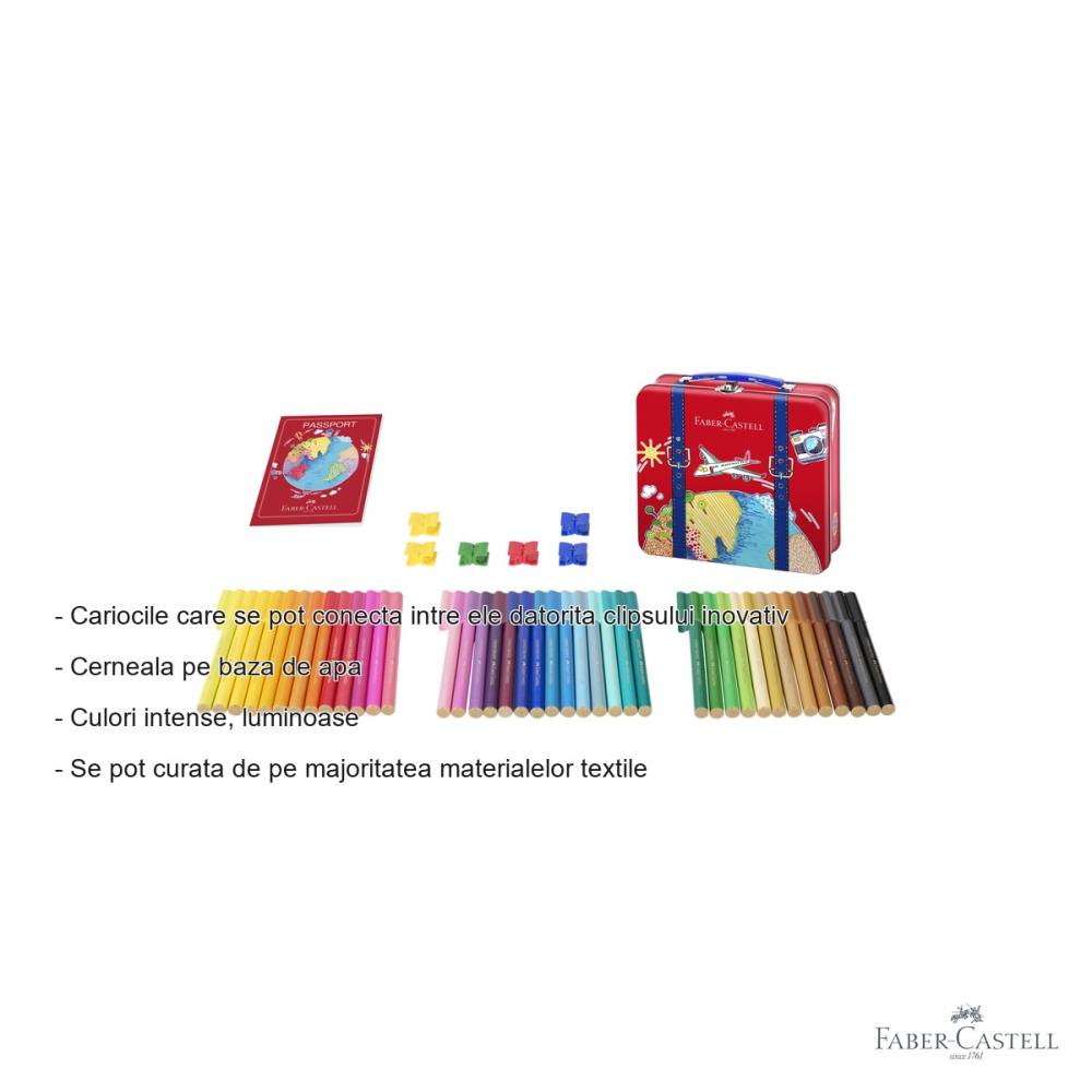 Set 40 carioci Faber-Castell Connector, cutie metal tip valiza, cu clipsuri conectoare si carte de colorat [2]