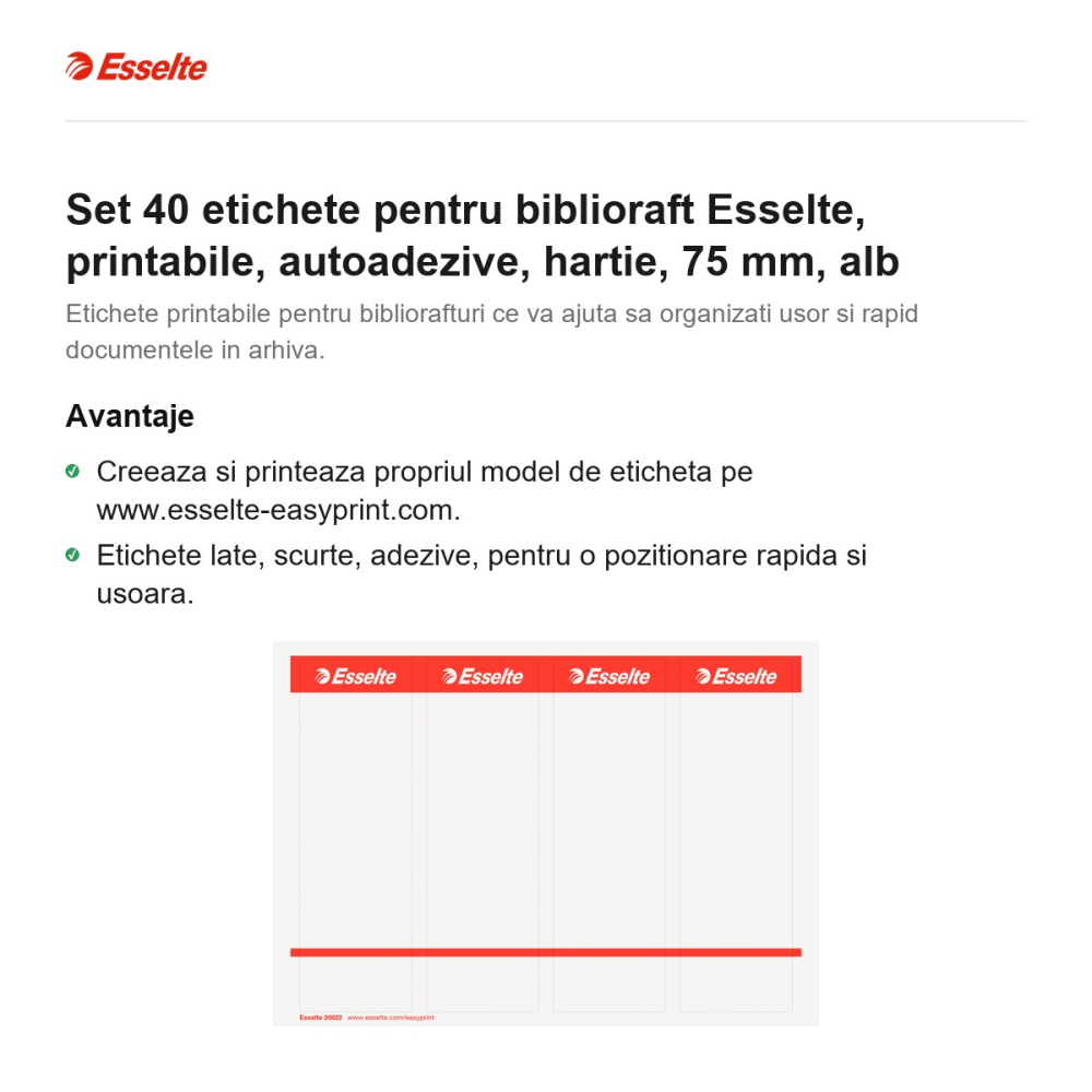 Set 40 etichete pentru biblioraft Esselte, printabile, autoadezive, hartie, 75 mm, alb [2]