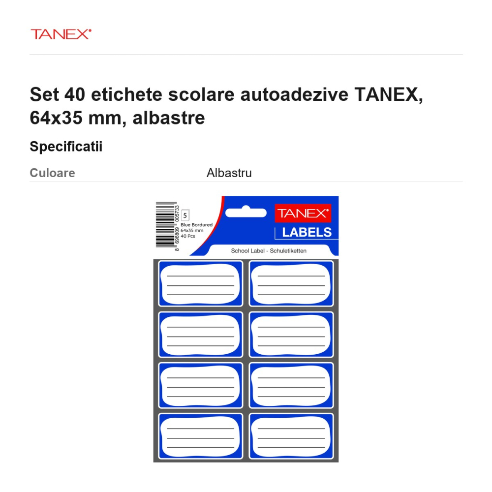 Set 40 etichete scolare autoadezive TANEX, 64x35 mm, albastre [3]