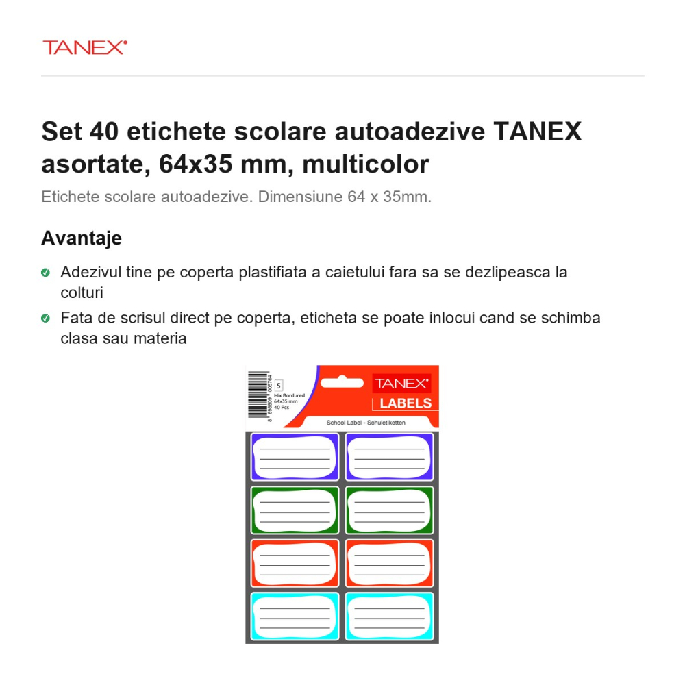 Set 40 etichete scolare autoadezive TANEX asortate, 64x35 mm, multicolor [2]