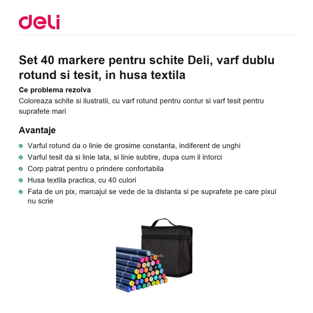 Set 40 markere pentru schite Deli, varf dublu rotund si tesit, in husa textila [2]