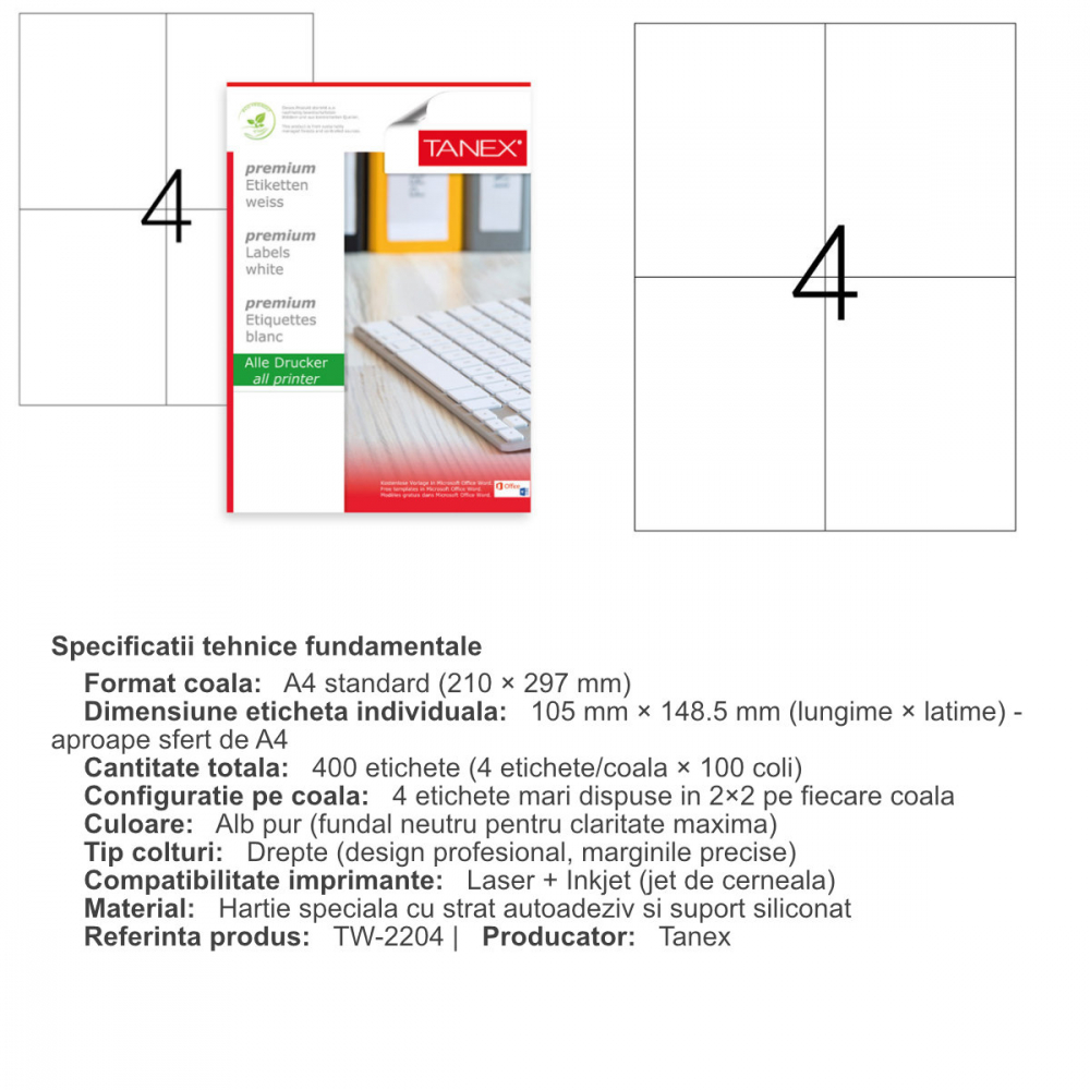 Set 400 etichete autoadezive A4, 100 coli, 4 etichete/coala, 105x148.5 mm, albe, colturi drepte, pentru imprimante laser si inkjet, Tanex TW-2204 [3]