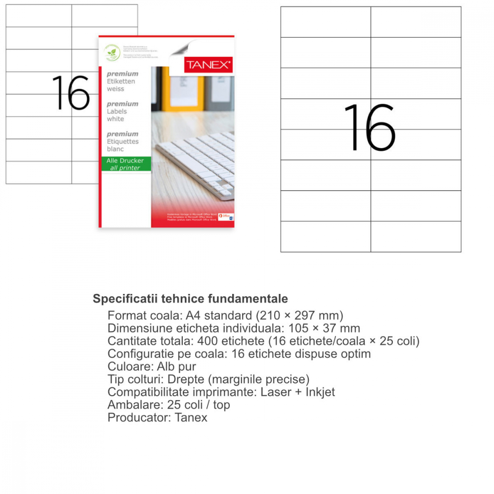 Set 400 etichete autoadezive A4, 25 coli, 16 etichete/coala, 105x37 mm, albe, colturi drepte, pentru imprimante laser si inkjet, Tanex [3]