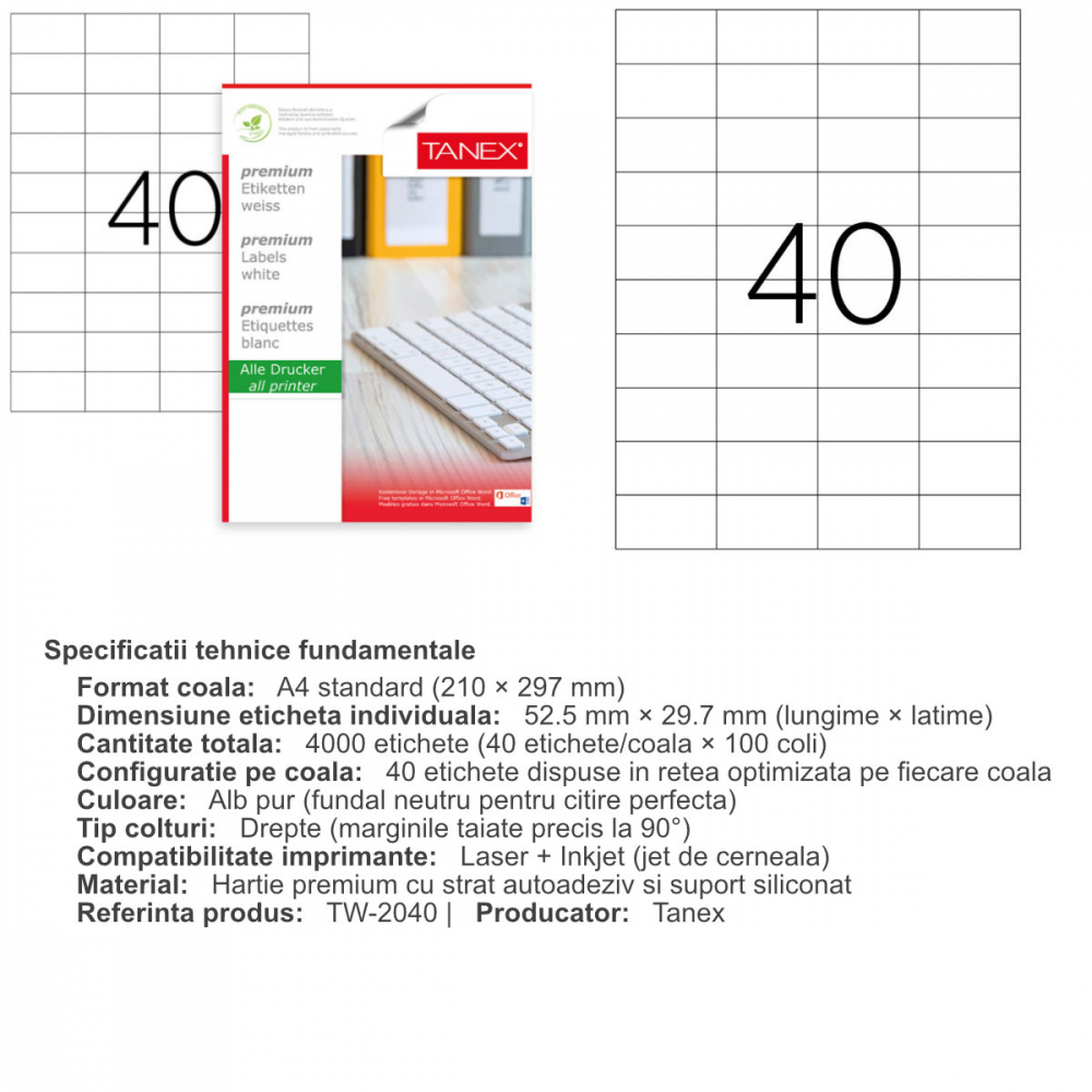 Set 4000 etichete autoadezive A4, 100 coli, 40 etichete/coala, 52.5x29.7 mm, albe, colturi drepte, pentru imprimante laser si inkjet, Tanex TW-2040 [3]