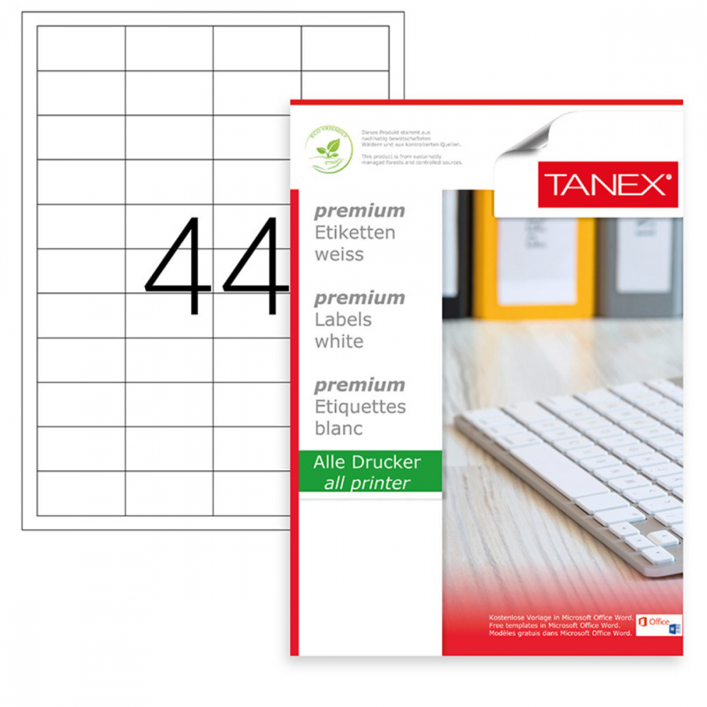 Set 4400 etichete autoadezive A4, 100 coli, 44 etichete/coala, 48.5x25.4 mm, albe, colturi drepte, pentru imprimante laser si inkjet, Tanex TW-2044 [1]