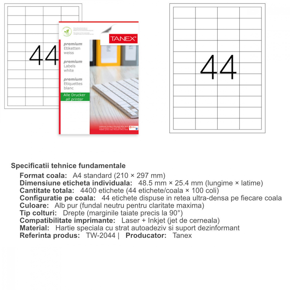 Set 4400 etichete autoadezive A4, 100 coli, 44 etichete/coala, 48.5x25.4 mm, albe, colturi drepte, pentru imprimante laser si inkjet, Tanex TW-2044 [3]