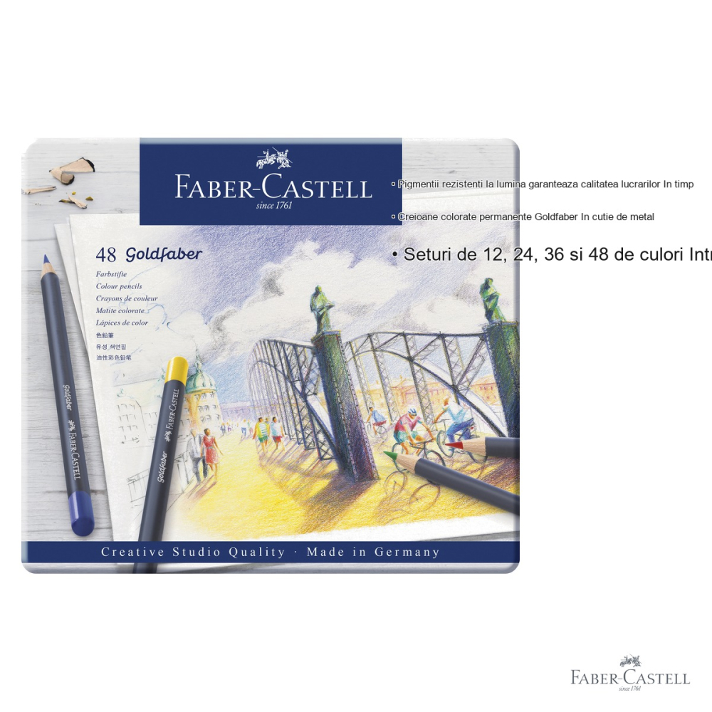 Set 48 creioane colorate Faber-Castell Goldfaber, mina moale, pigmenti rezistenti la lumina, cutie metal [3]