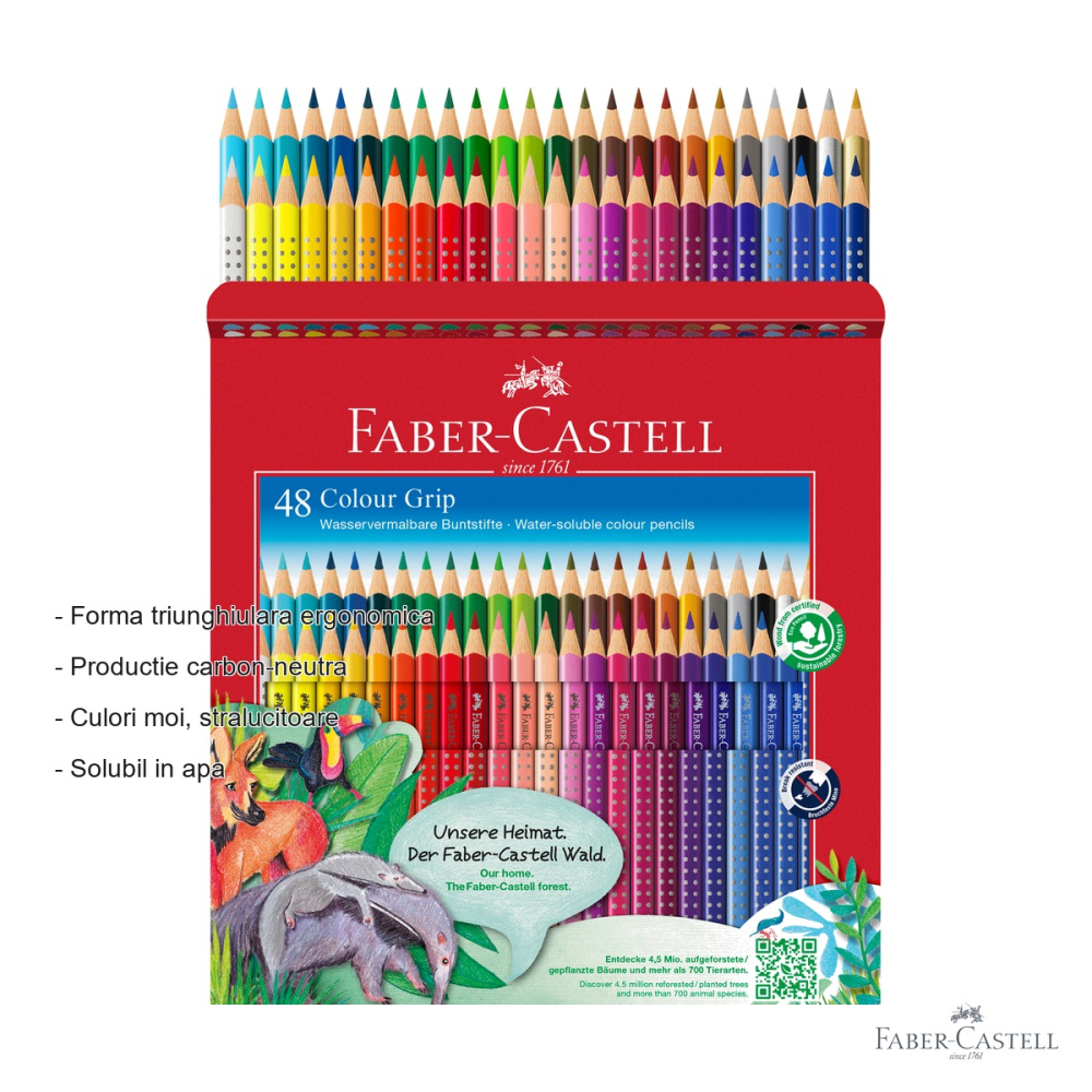 Set 48 creioane colorate Faber-Castell Grip, solubile in apa, forma triunghiulara ergonomica, pentru copii si adulti [2]