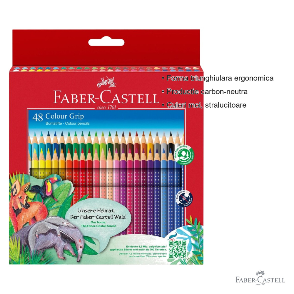 Set 48 creioane colorate Faber-Castell Grip, solubile in apa, forma triunghiulara ergonomica, pentru copii si adulti [3]