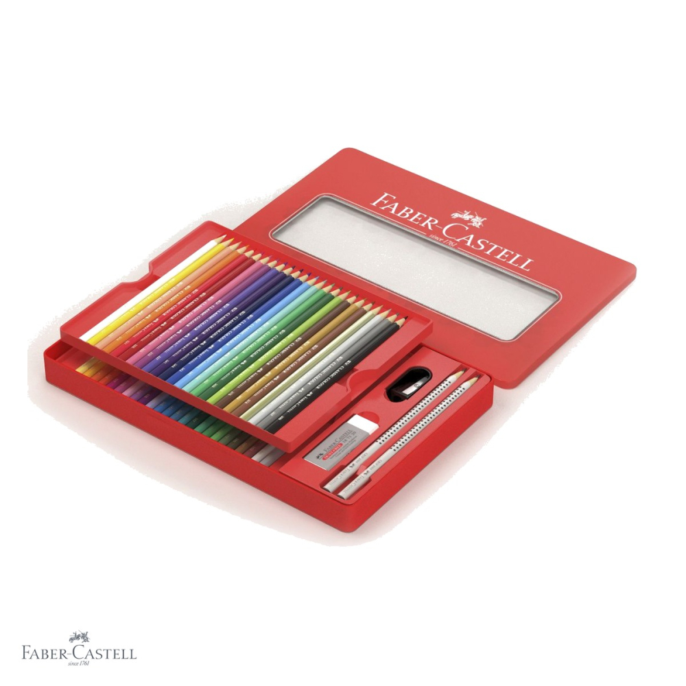 Set 48 creioane colorate hexagonale Faber-Castell, cutie metal cu 4 accesorii, pentru desen si arta [4]