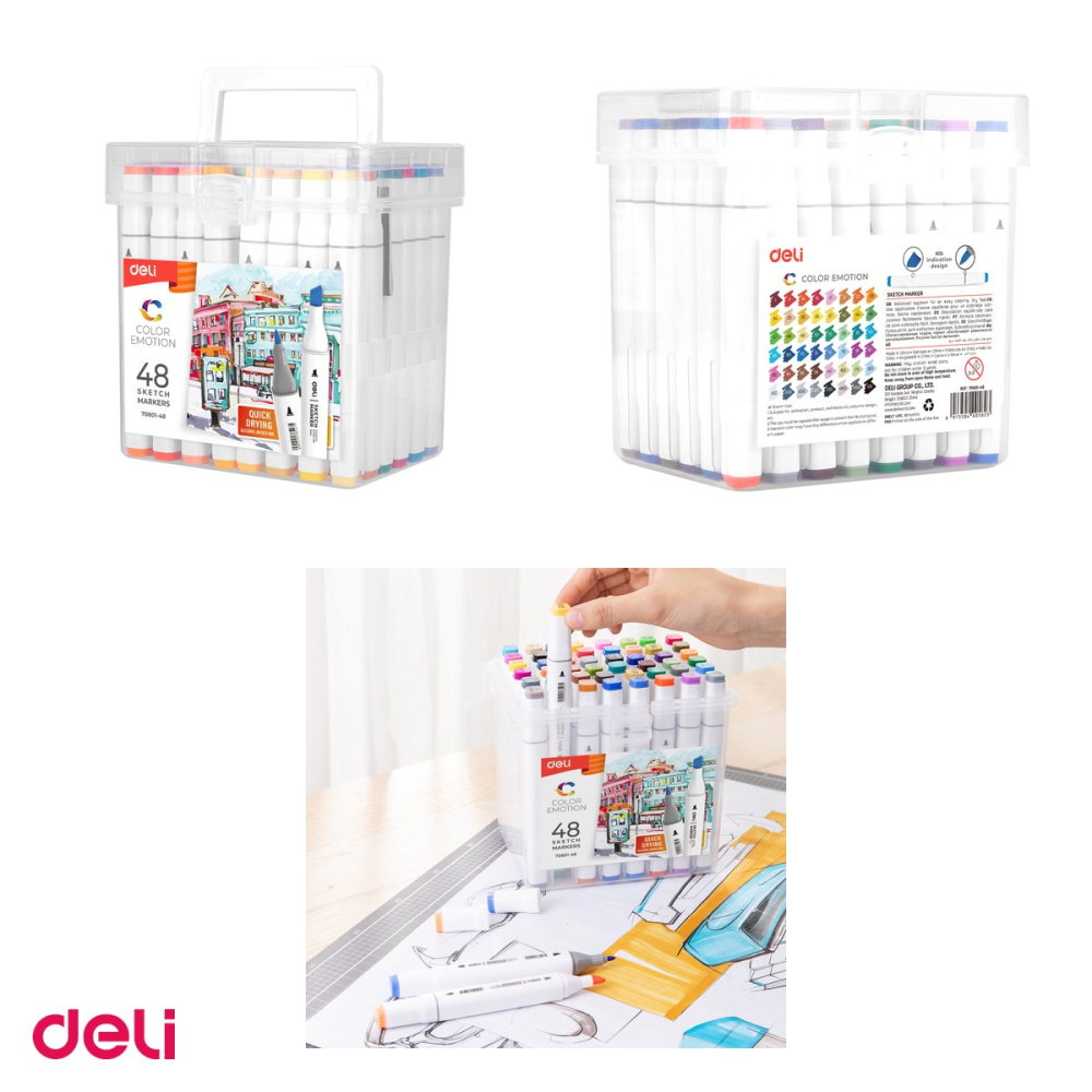 Set 48 markere pentru schite Deli Sketch, varf dublu rotund 1 mm si tesit 7 mm, in cutie de plastic [4]