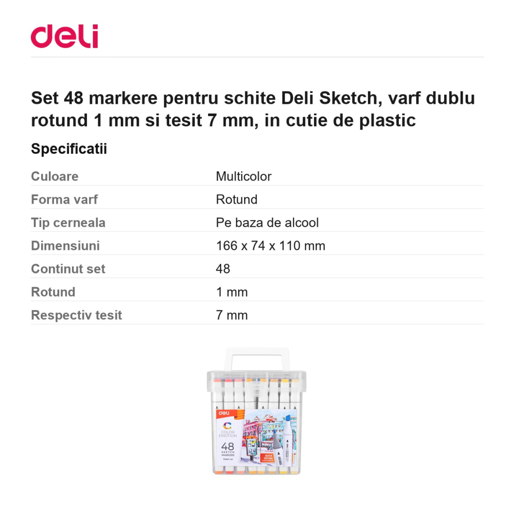 Set 48 markere pentru schite Deli Sketch, varf dublu rotund 1 mm si tesit 7 mm, in cutie de plastic [3]