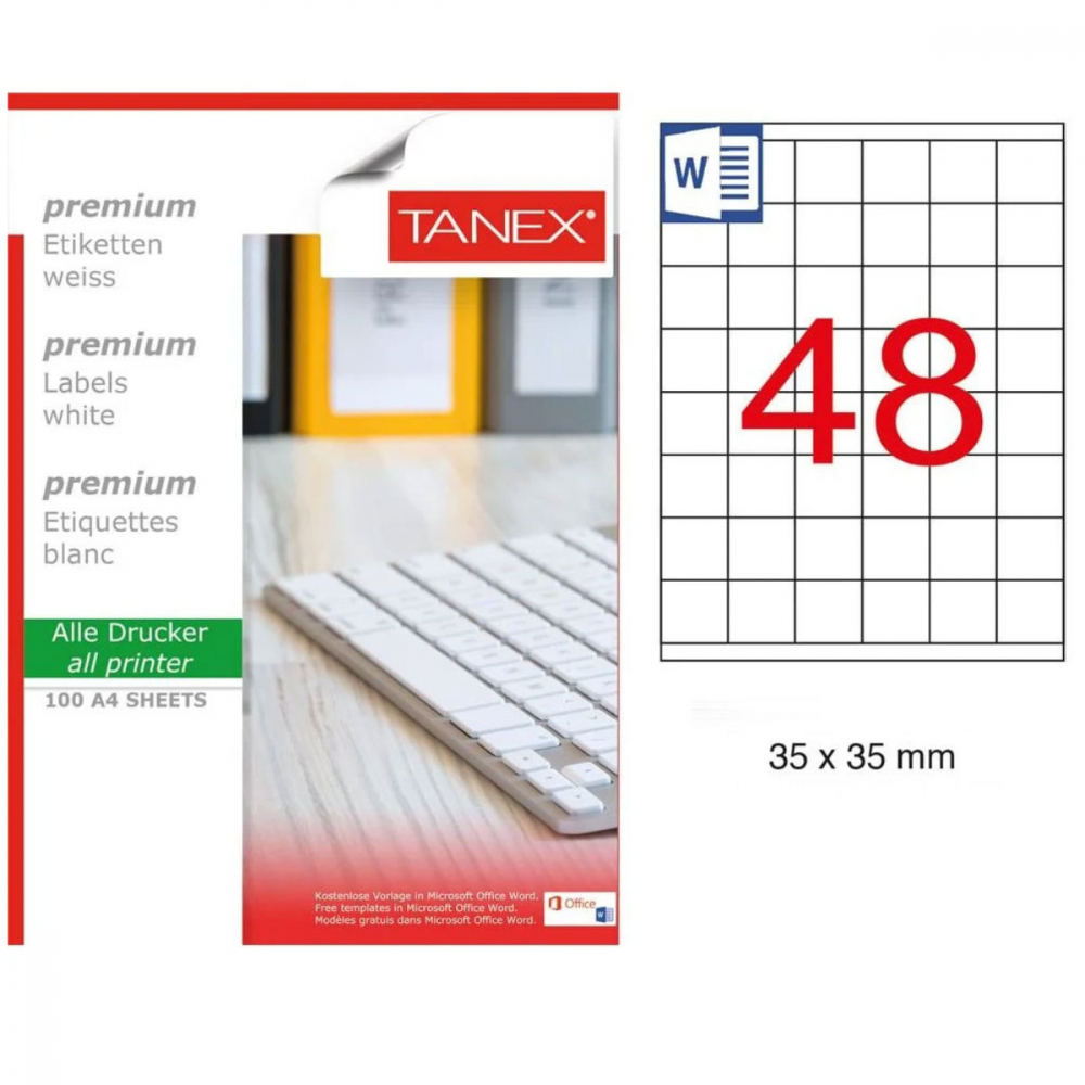 Set 4800 etichete autoadezive A4, 100 coli, 48 etichete/coala, 35x35 mm, albe, colturi drepte, pentru imprimante laser si inkjet, Tanex TW-2348 [2]