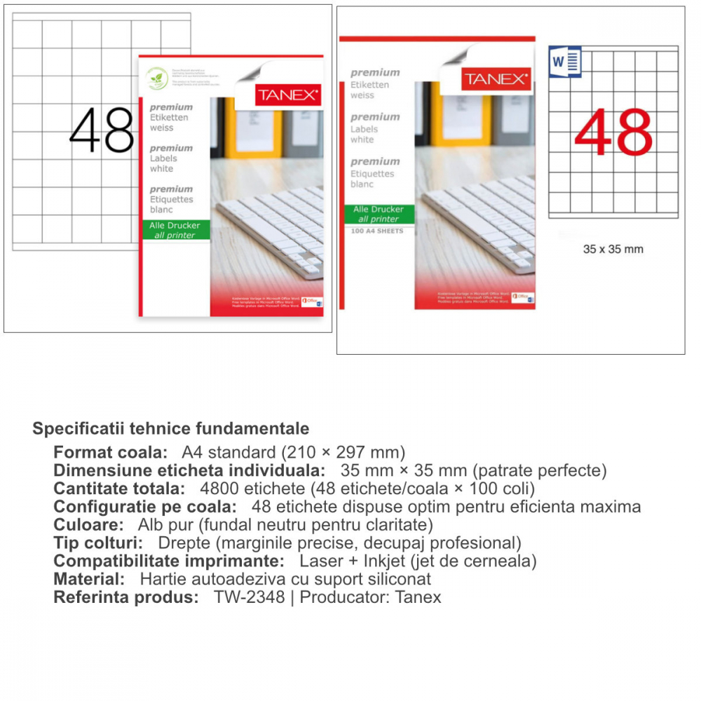 Set 4800 etichete autoadezive A4, 100 coli, 48 etichete/coala, 35x35 mm, albe, colturi drepte, pentru imprimante laser si inkjet, Tanex TW-2348 [3]