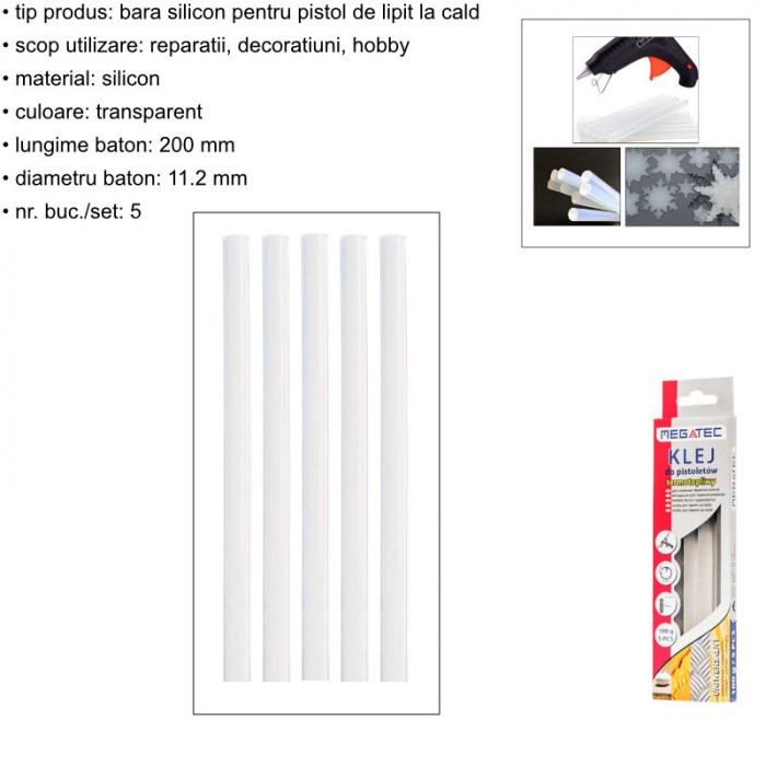 Set 5 baghete din silicon transparent, 11.2mm diametru x 200 mm lungime, Megatec 10510, rezerve pentru pistol de lipit [5]