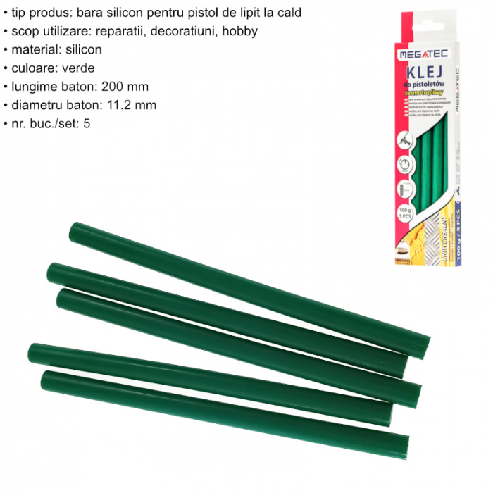 Set 5 baghete din silicon verde, 11.2mm diametru x 200 mm lungime, Megatec 10212, rezerve pentru pistol de lipit [4]