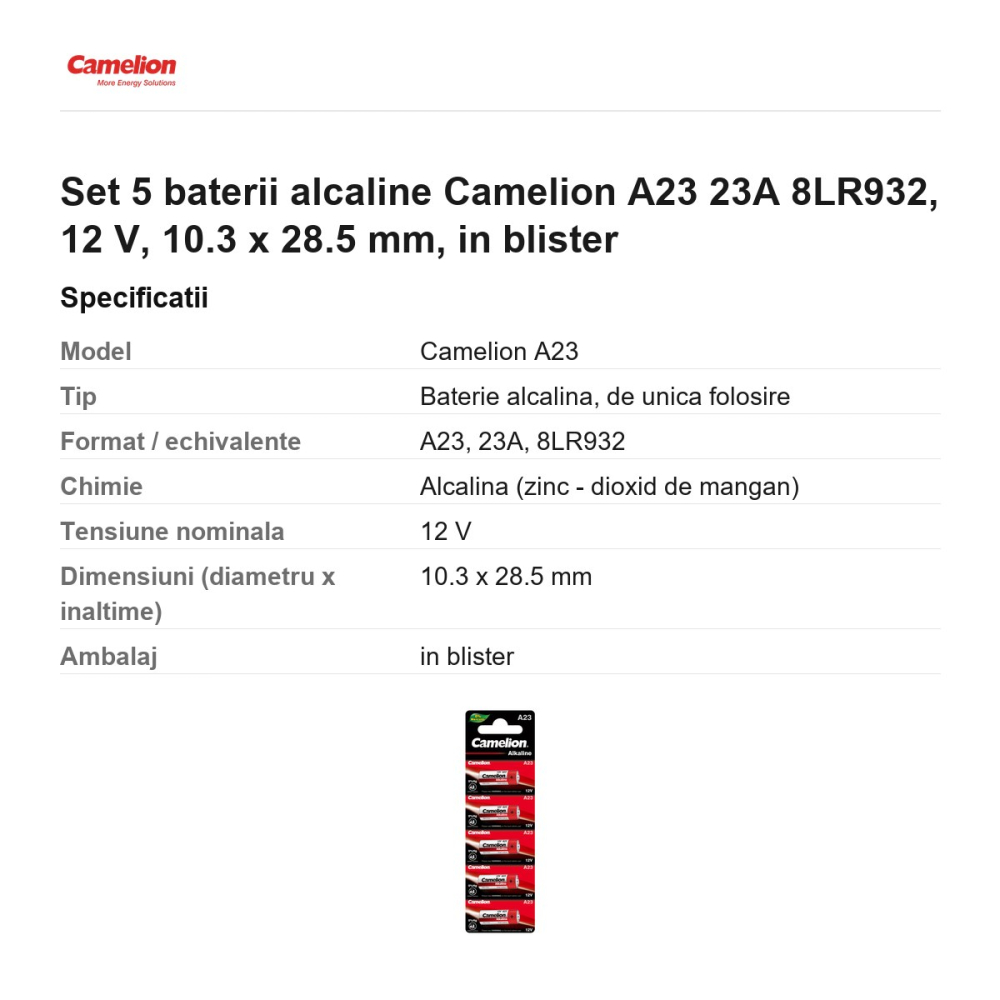 Set 5 baterii alcaline Camelion A23 23A 8LR932, 12 V, 10.3 x 28.5 mm, in blister [3]