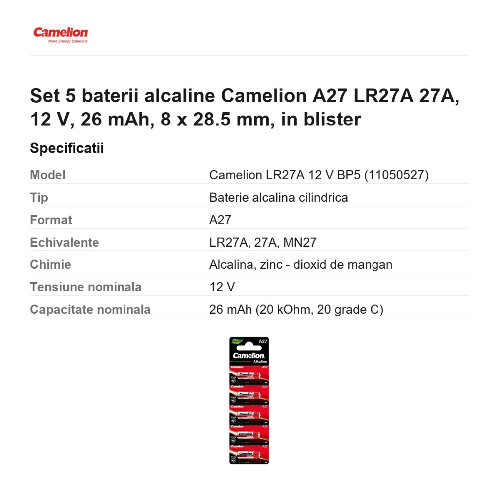 Set 5 baterii alcaline Camelion A27 LR27A 27A, 12 V, 26 mAh, 8 x 28.5 mm, in blister [3]