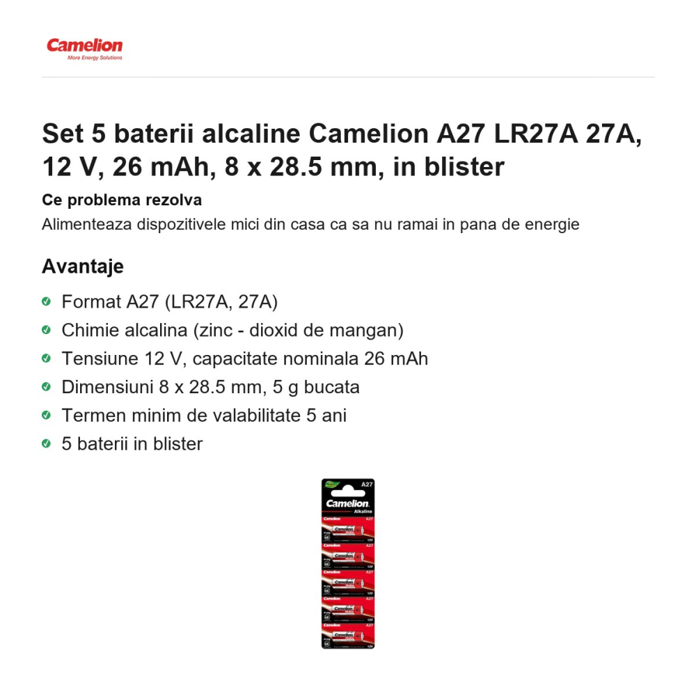 Set 5 baterii alcaline Camelion A27 LR27A 27A, 12 V, 26 mAh, 8 x 28.5 mm, in blister [2]