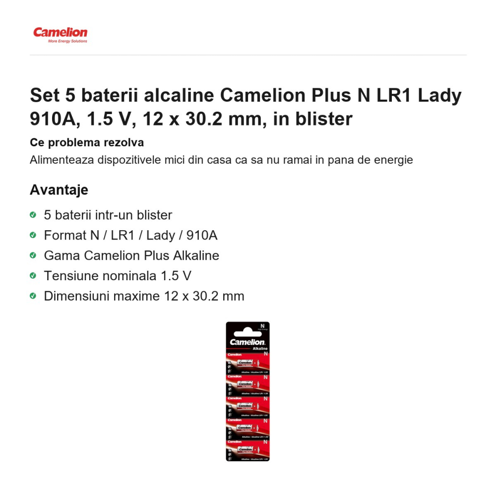 Set 5 baterii alcaline Camelion Plus N LR1 Lady 910A, 1.5 V, 12 x 30.2 mm, in blister [2]