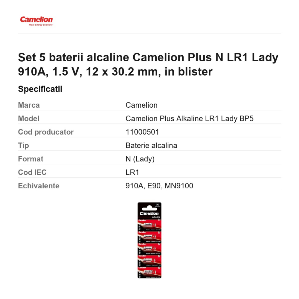 Set 5 baterii alcaline Camelion Plus N LR1 Lady 910A, 1.5 V, 12 x 30.2 mm, in blister [3]