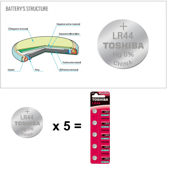 Set 5 Baterii alcaline Toshiba LR44 AG13, tip buton, 1.5V, 150 mAh, in blister [3]