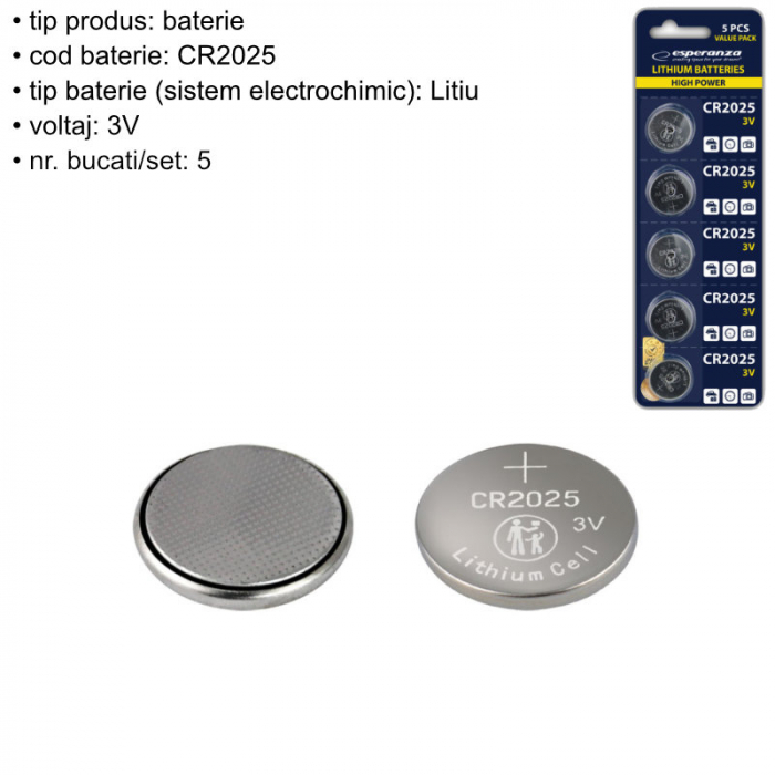 Set 5 baterii Litiu 3V CR2025, Esperanza 95799, tip moneda, in blister [4]