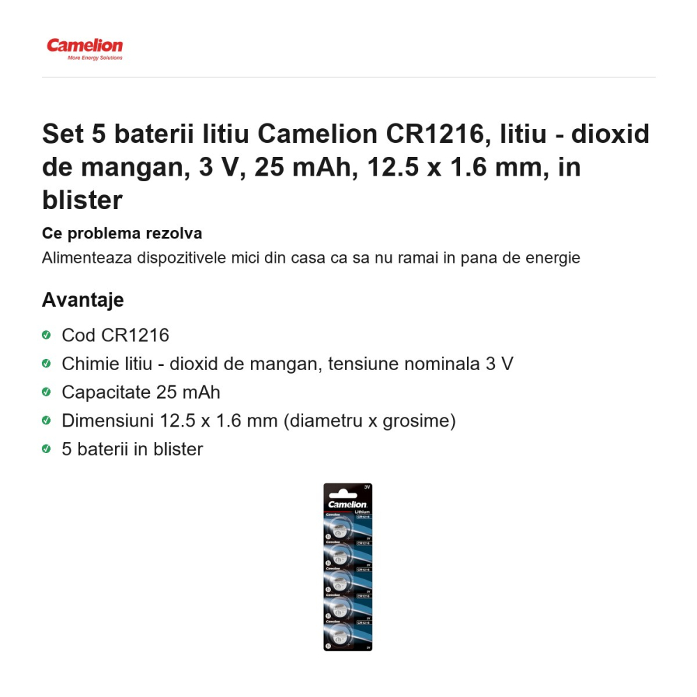 Set 5 baterii litiu Camelion CR1216, litiu - dioxid de mangan, 3 V, 25 mAh, 12.5 x 1.6 mm, in blister [2]
