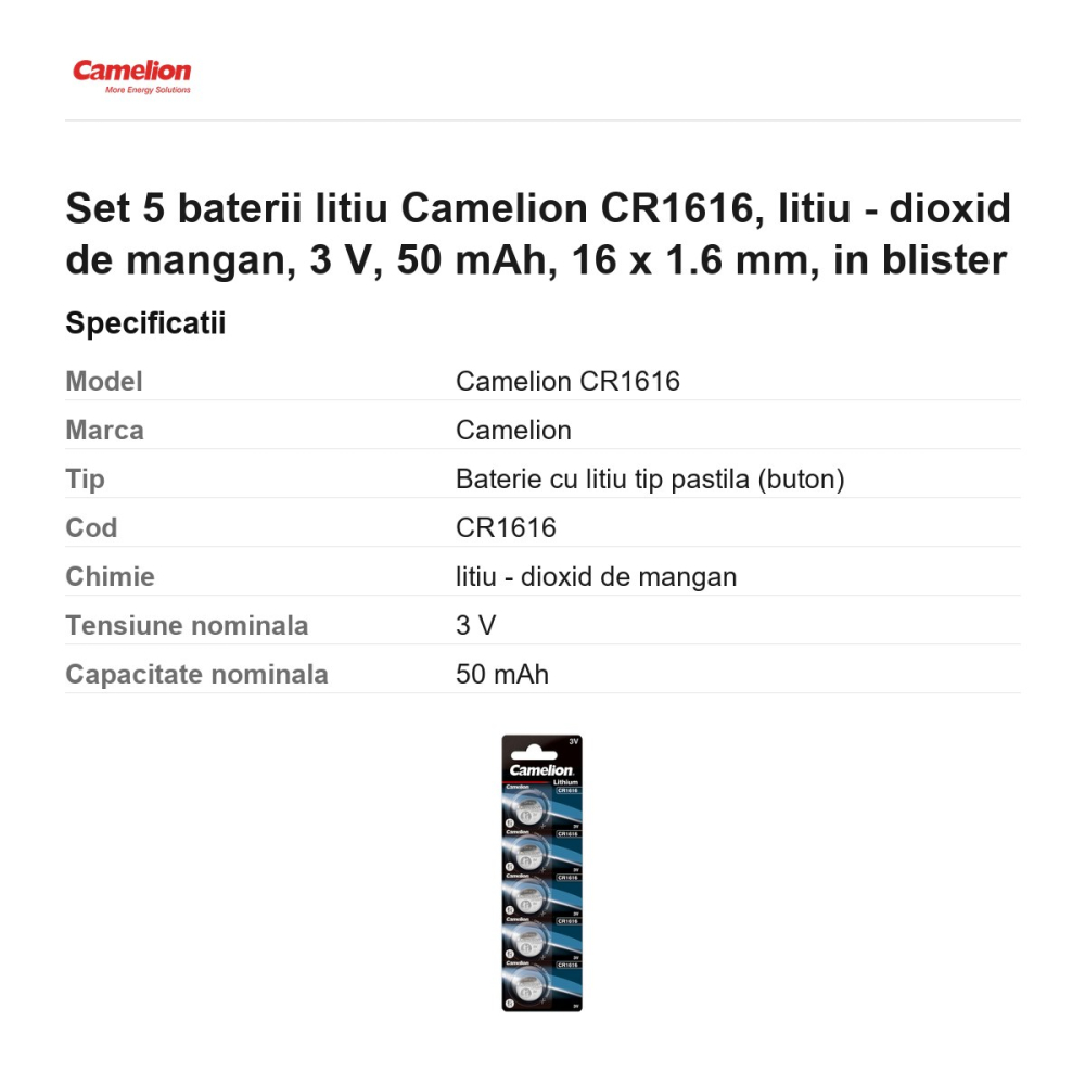 Set 5 baterii litiu Camelion CR1616, litiu - dioxid de mangan, 3 V, 50 mAh, 16 x 1.6 mm, in blister [3]