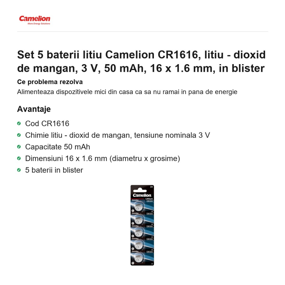 Set 5 baterii litiu Camelion CR1616, litiu - dioxid de mangan, 3 V, 50 mAh, 16 x 1.6 mm, in blister [2]