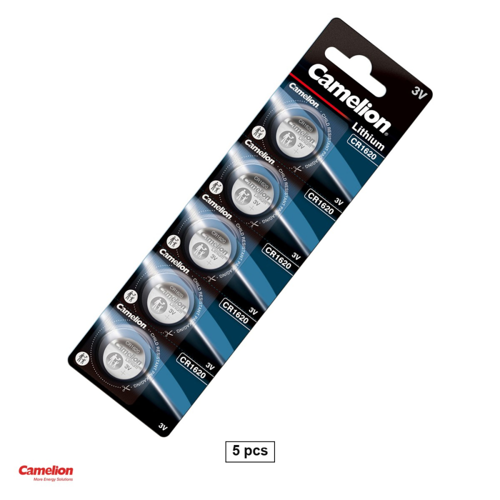 Set 5 baterii litiu Camelion CR1620, litiu - dioxid de mangan, 3 V, 90 mAh, 16 x 2.0 mm, in blister [1]