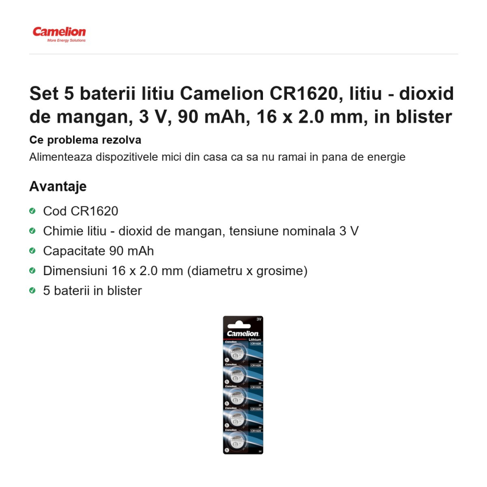 Set 5 baterii litiu Camelion CR1620, litiu - dioxid de mangan, 3 V, 90 mAh, 16 x 2.0 mm, in blister [2]