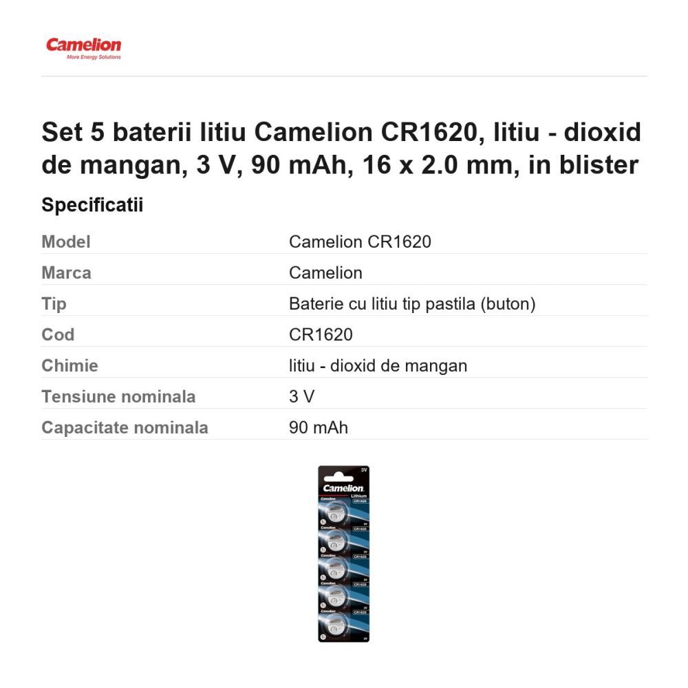Set 5 baterii litiu Camelion CR1620, litiu - dioxid de mangan, 3 V, 90 mAh, 16 x 2.0 mm, in blister [3]