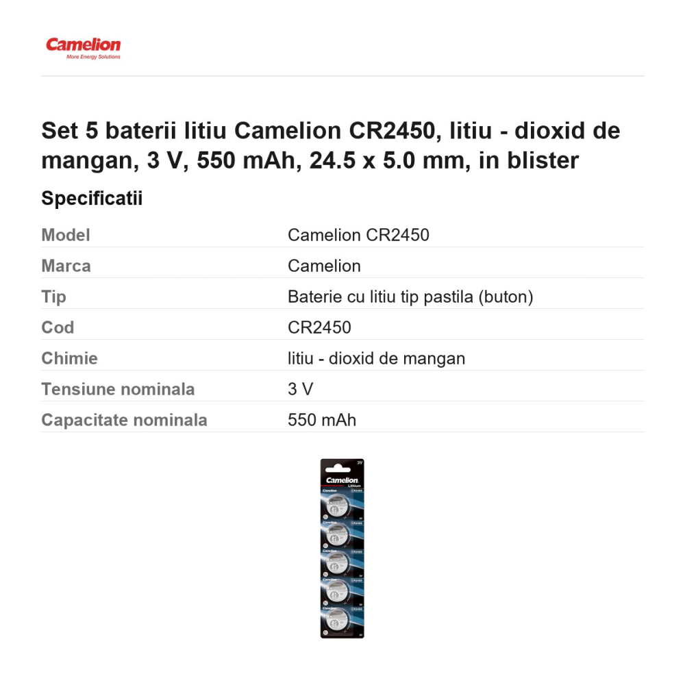 Set 5 baterii litiu Camelion CR2450, litiu - dioxid de mangan, 3 V, 550 mAh, 24.5 x 5.0 mm, in blister [3]