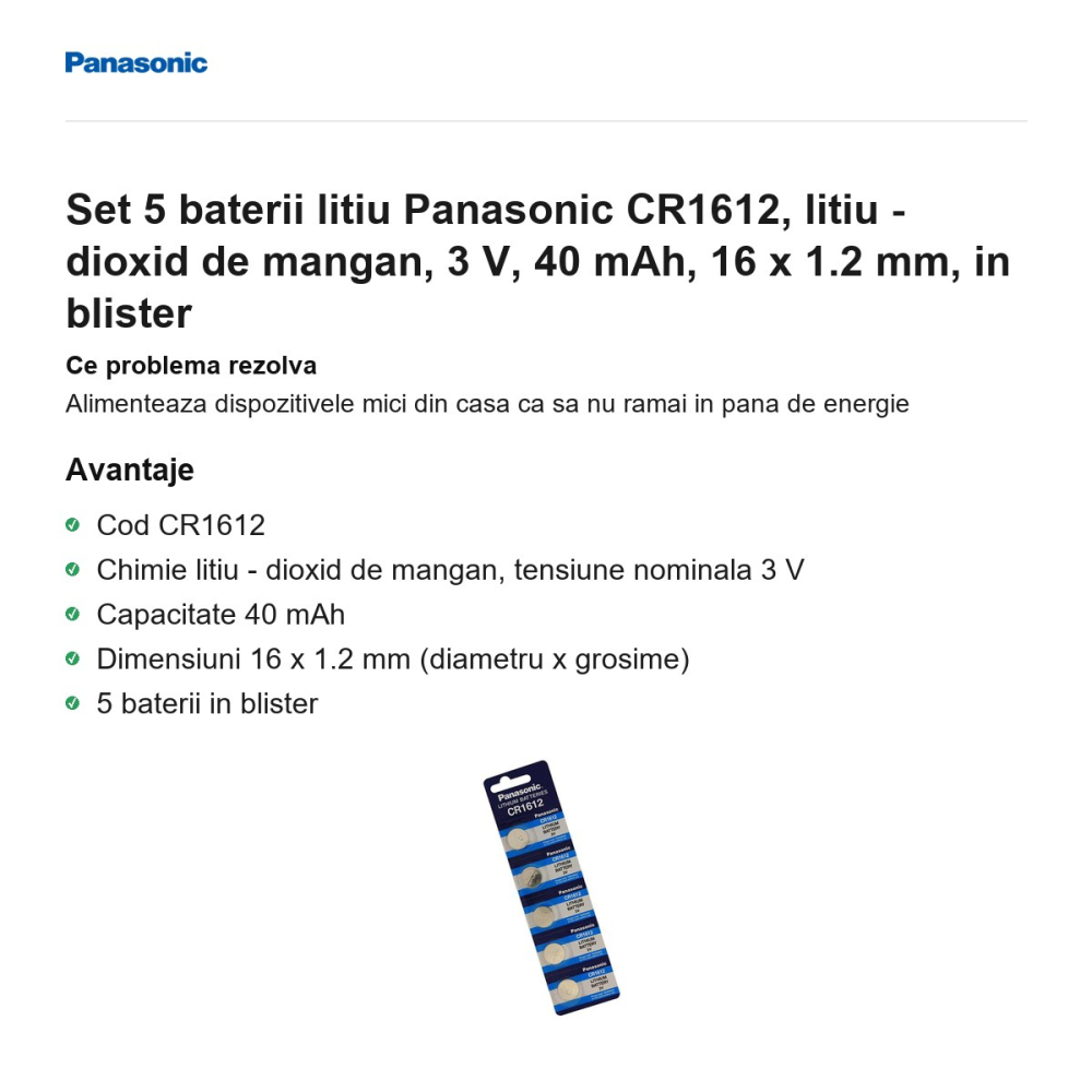 Set 5 baterii litiu Panasonic CR1612, litiu - dioxid de mangan, 3 V, 40 mAh, 16 x 1.2 mm, in blister [2]