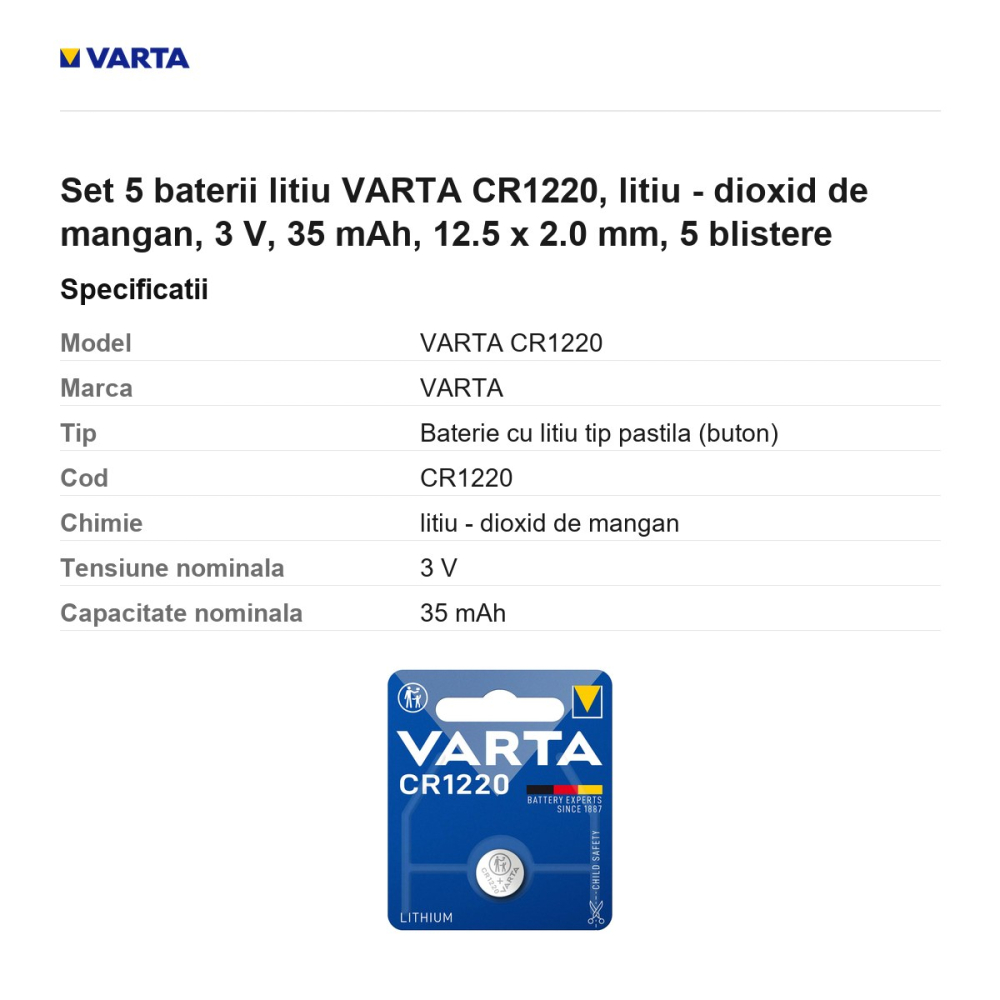 Set 5 baterii litiu VARTA CR1220, litiu - dioxid de mangan, 3 V, 35 mAh, 12.5 x 2.0 mm, 5 blistere [3]