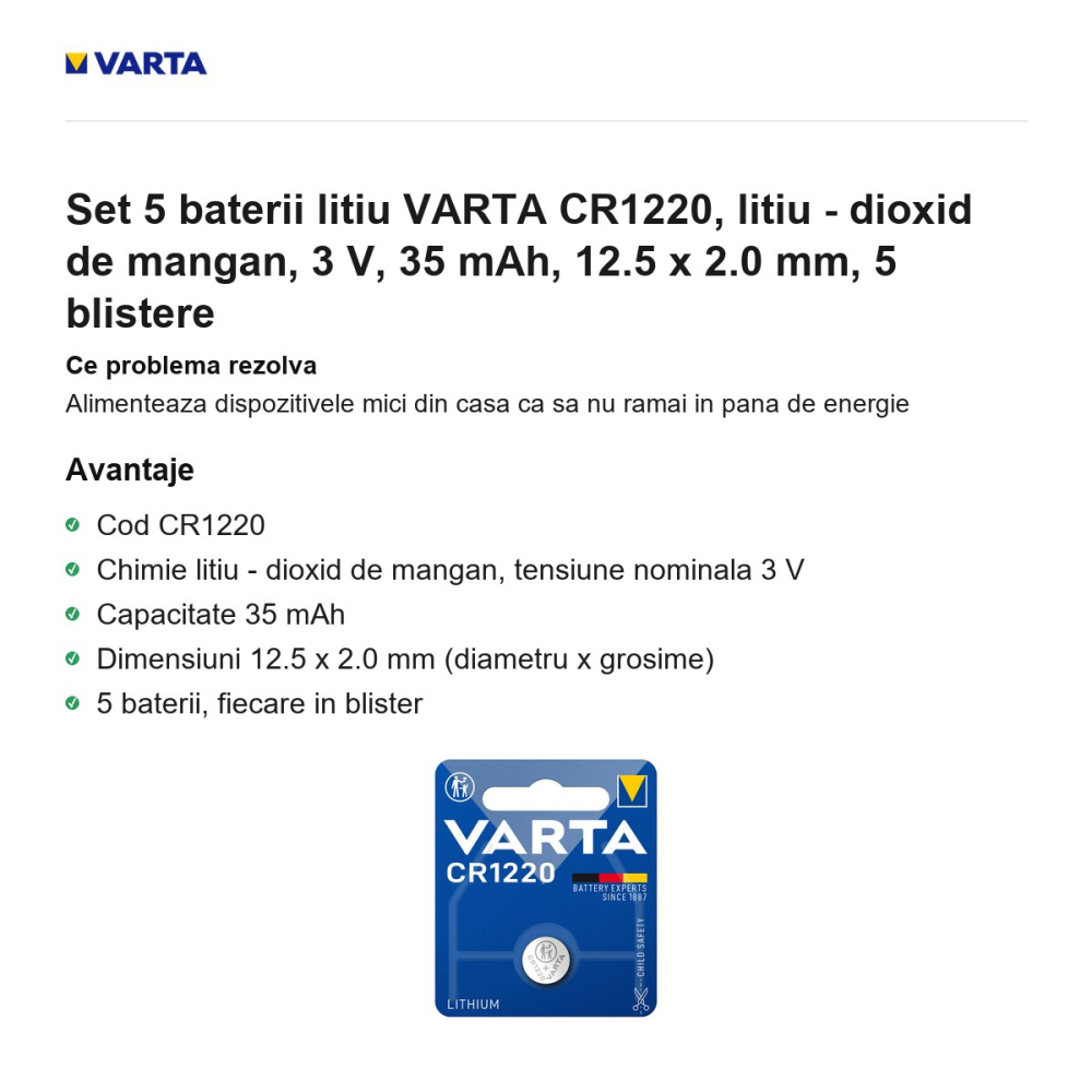 Set 5 baterii litiu VARTA CR1220, litiu - dioxid de mangan, 3 V, 35 mAh, 12.5 x 2.0 mm, 5 blistere [2]
