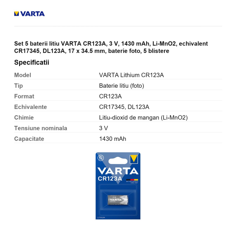 Set 5 baterii litiu VARTA CR123A, 3 V, 1430 mAh, Li-MnO2, echivalent CR17345, DL123A, 17 x 34.5 mm, baterie foto, 5 blistere [3]