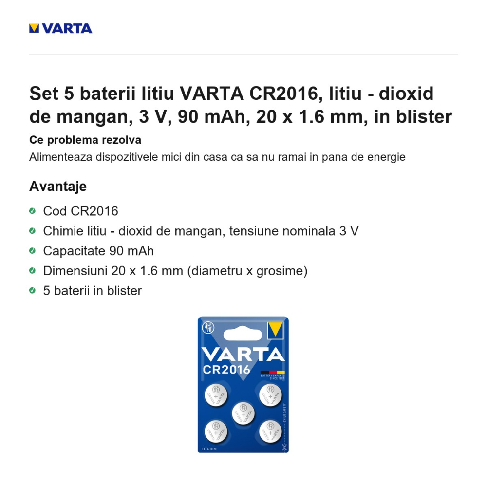 Set 5 baterii litiu VARTA CR2016, litiu - dioxid de mangan, 3 V, 90 mAh, 20 x 1.6 mm, in blister [2]